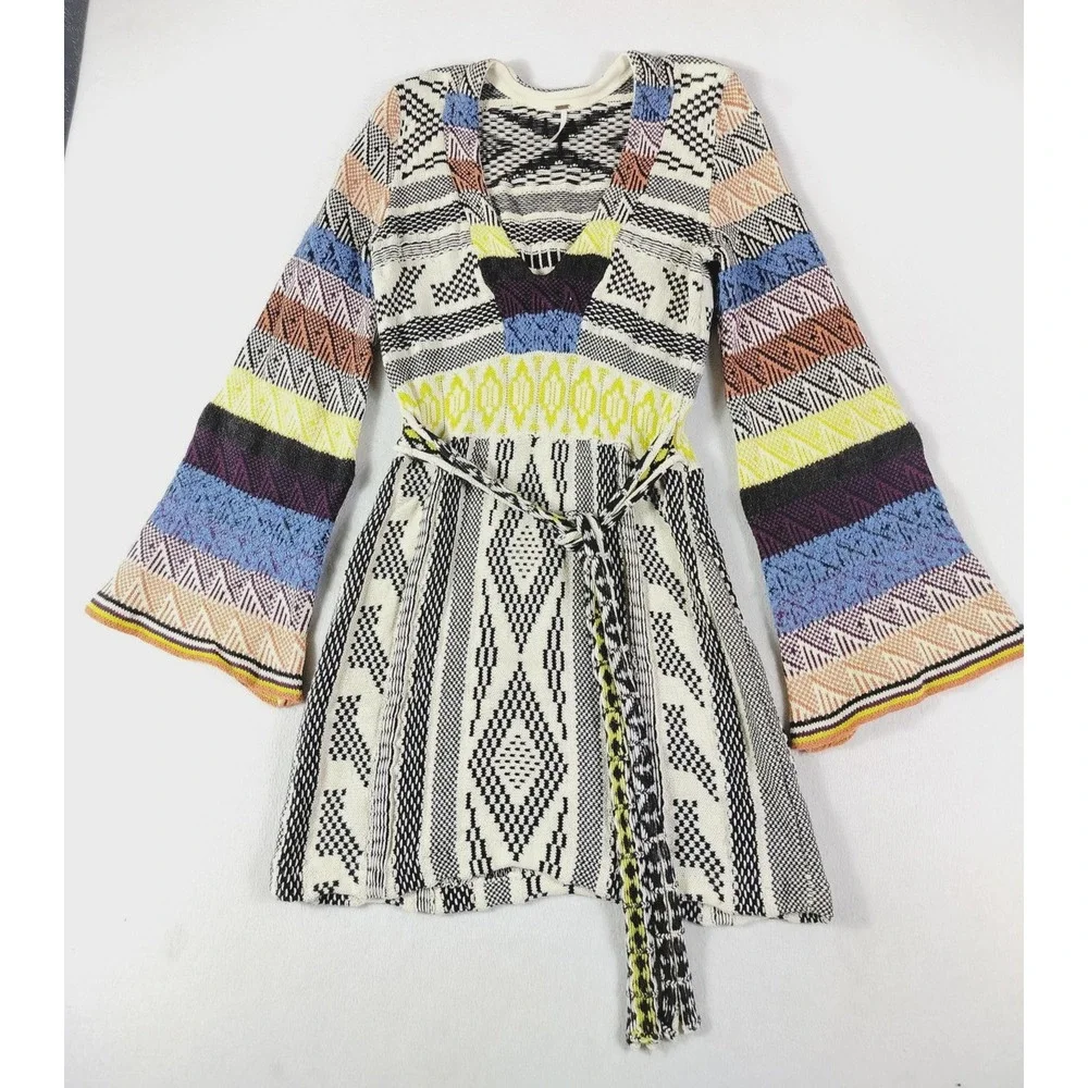 Free People Sweater Dress Womens Medium Multicolor Boho Bell Sleeve Mini V Neck - Picture 2 of 11
